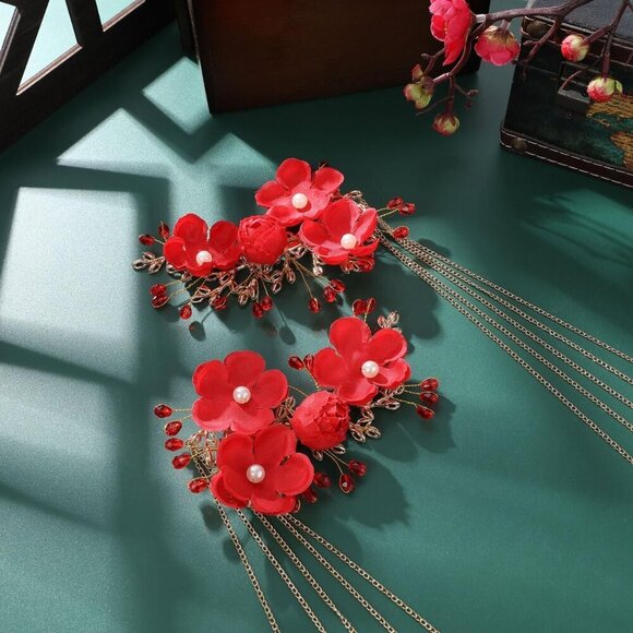 Chinese Wedding Hairpin Red Tassel Pearl Flower Hair Clip Vintage Long Hair Jewe main image 5